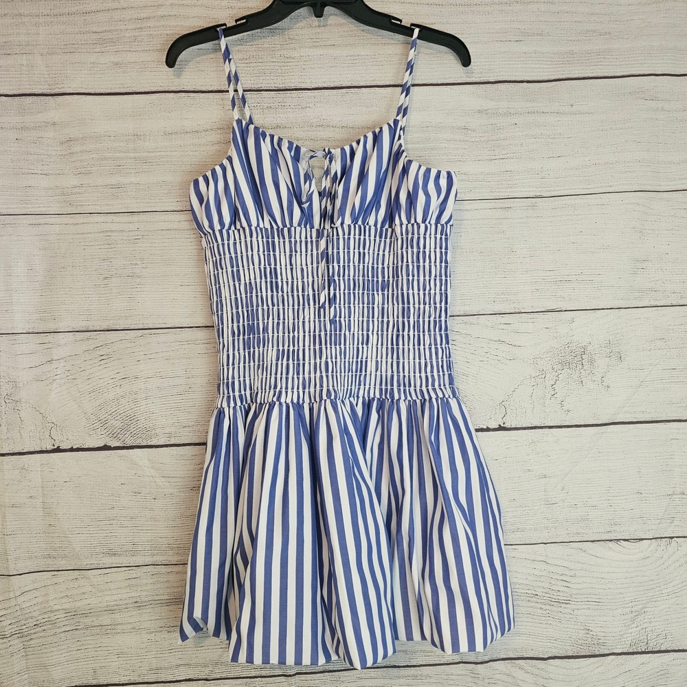 Gianni Bini L Nantucket Ellie Bold Blue Stripe Drop Waist Bubble Hem Dress 1405